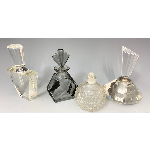 238 - CUT GLASS ART DECO STYLE PERFUME BOTTLES, 1 VINTAGE PRESSED GLASS PERFUME BOTTLE (4)