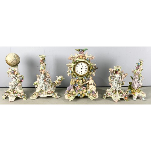 250 - CONTINENTAL PORCELAIN FIGUAL CLOCK WITH 4 SIMILAR STYLE CANDLESTICKS AF