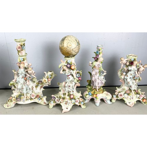 250 - CONTINENTAL PORCELAIN FIGUAL CLOCK WITH 4 SIMILAR STYLE CANDLESTICKS AF