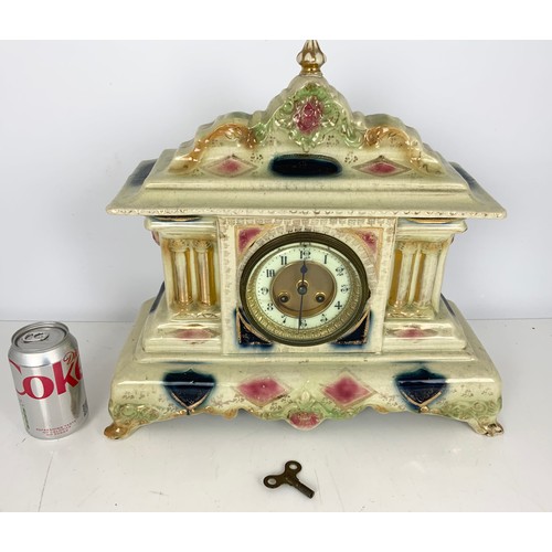 251 - PORCELAIN MANTEL CLOCK WITH KEY AND PENDULUM