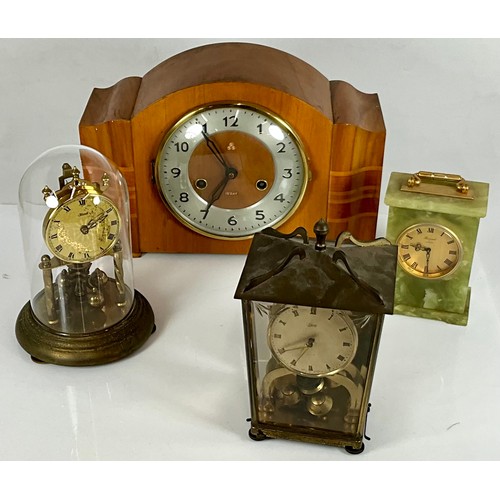 253 - MID CENTURY CLOCKS - 555 DECO, BARONEL OF LONDON ONYX CARRIAGE AND 2 BRASS PILLAR UNDER GLASS CLOCKS... 