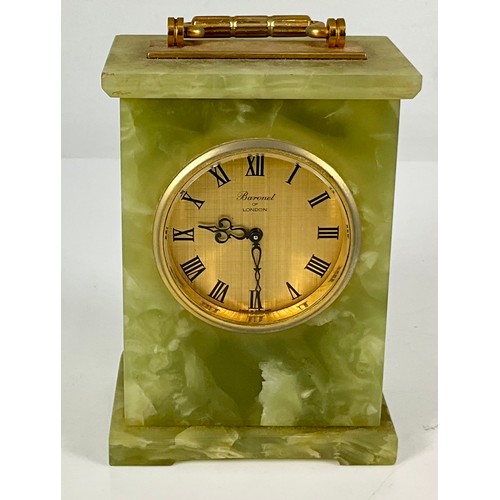 253 - MID CENTURY CLOCKS - 555 DECO, BARONEL OF LONDON ONYX CARRIAGE AND 2 BRASS PILLAR UNDER GLASS CLOCKS... 