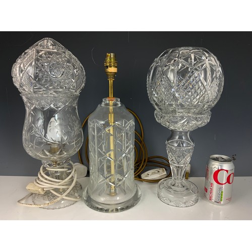 274 - 2 GLASS TABLE LAMPS AND A GLASS TABLE LIGHT BASE