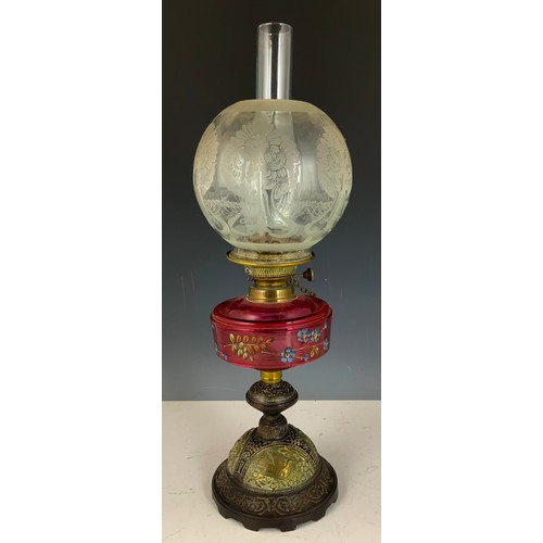 269 - OIL LAMP WITH RUBY GLASS RESERVOIR & ETCHED GLASS SHADE