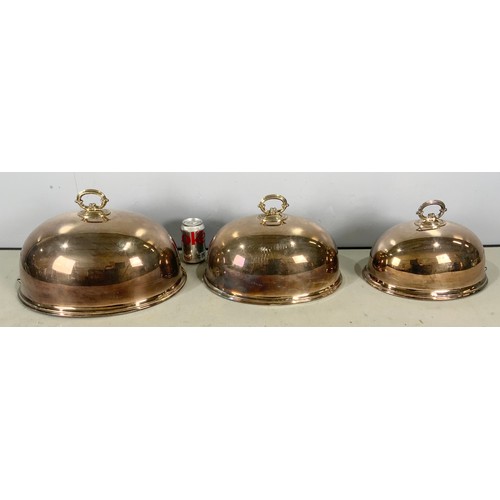 298 - 3 GRADUATED SILVER PLATED MEAT DOMES LARGEST 40cm LONG