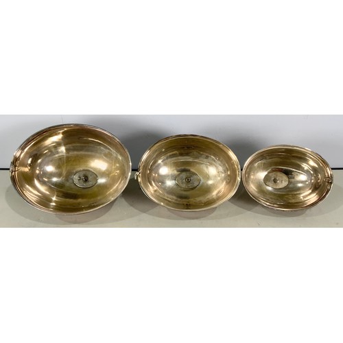 298 - 3 GRADUATED SILVER PLATED MEAT DOMES LARGEST 40cm LONG