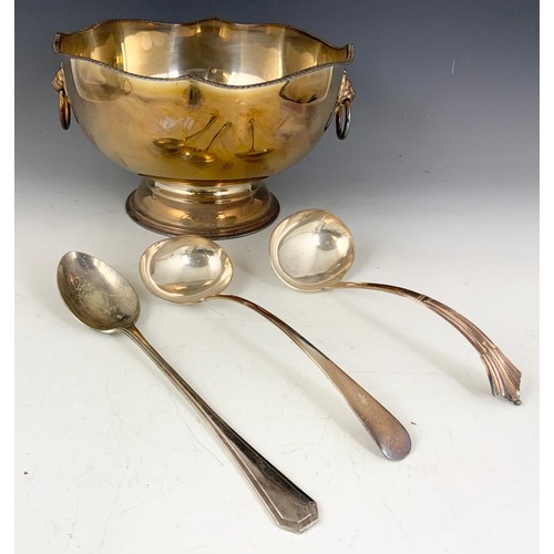 294 - LARGE SILVER  PLATED PUNCH BOWL WITH LION MASK & RING HANDLES, TODDY LADLE, LARGE SERVING SPOON ETC