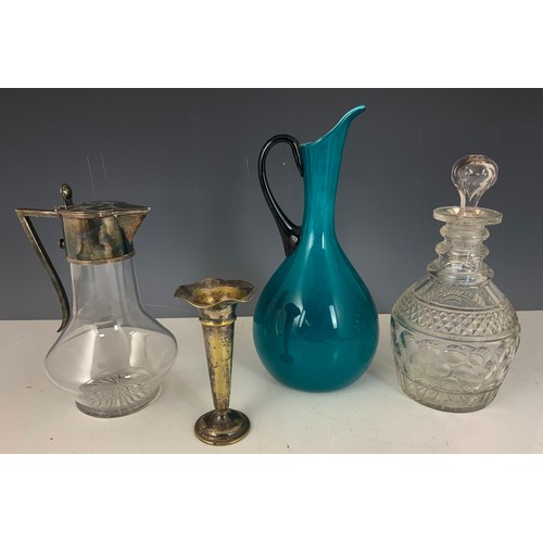 293 - CLARET JUG WITH WHITE METAL MOUNT TOGETHER WITH A CUT GLASS DECANTER, SILVER PLATED TRUMPET VASE &  ... 