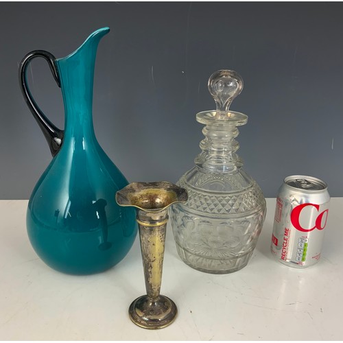 293 - CLARET JUG WITH WHITE METAL MOUNT TOGETHER WITH A CUT GLASS DECANTER, SILVER PLATED TRUMPET VASE &  ... 