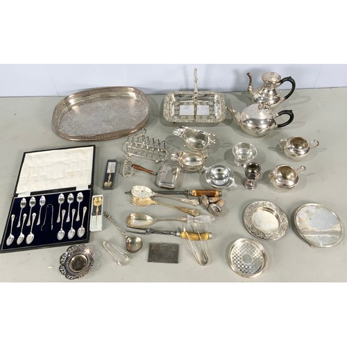 299 - LARGE QUANTITY OF SILVER PLATED WARE INC 4 PIECE TEA SET , TOAST RACKS , CASED SPOONS, GALLERIED TRA... 