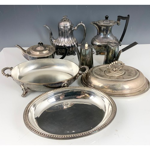 303 - QTY. SILVER PLATED WARE INC. TEA POT, COFFEE POTS, CHOCOLATE POTS AND ENTREE DISHES