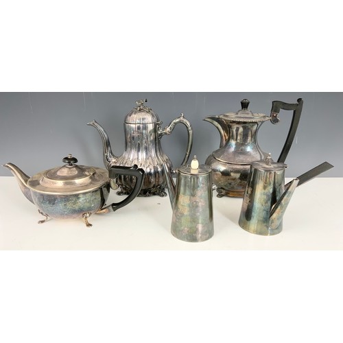 303 - QTY. SILVER PLATED WARE INC. TEA POT, COFFEE POTS, CHOCOLATE POTS AND ENTREE DISHES