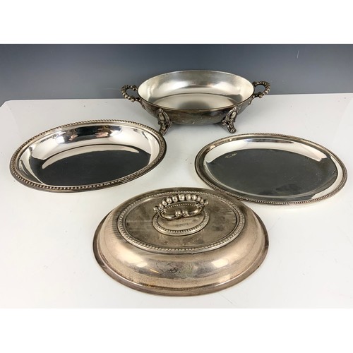 303 - QTY. SILVER PLATED WARE INC. TEA POT, COFFEE POTS, CHOCOLATE POTS AND ENTREE DISHES