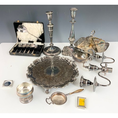 314 - QTY. MISC. PLATED WARE INC. CANDLESTICKS AF, TRAY ETC.