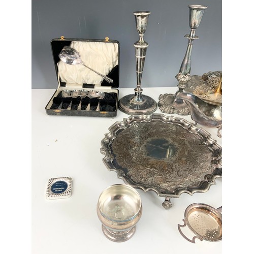 314 - QTY. MISC. PLATED WARE INC. CANDLESTICKS AF, TRAY ETC.