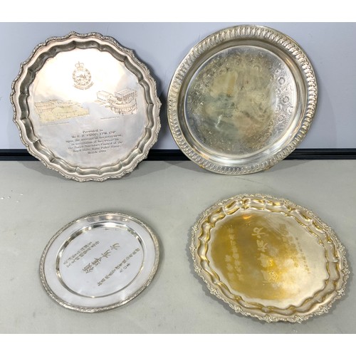 302 - 4 PRESENTATION TRAYS / SALVERS PRESENTED TO A MEMBER OF THE HONG KONG POLICE FORCE