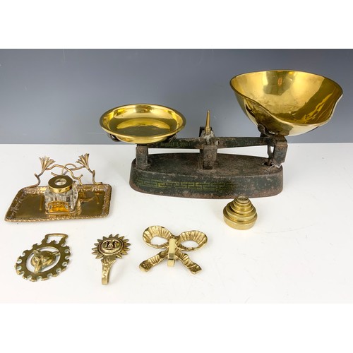 328 - HERBERT & SONS BALANCE SCALES WITH BRASS WEIGHTS, ORNATE BRASS DESK STAND ETC