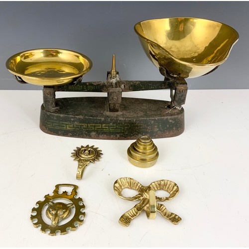 328 - HERBERT & SONS BALANCE SCALES WITH BRASS WEIGHTS, ORNATE BRASS DESK STAND ETC