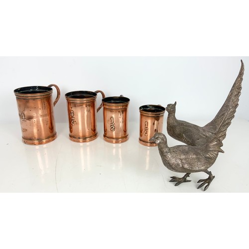 319 - FOUR GRADUATED COPPER TANKARDS TOGETHER WITH TWO SILVER PLATED PHEASANTS