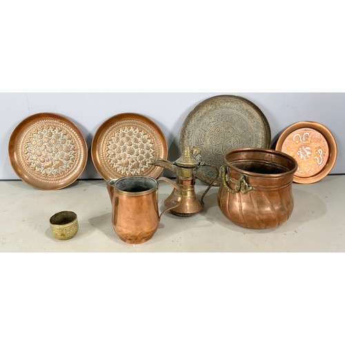 329 - COPPER & BRASS WARE INC EMBOSSED PLATES/ DISHES, JUG , COFFEE POT ETC