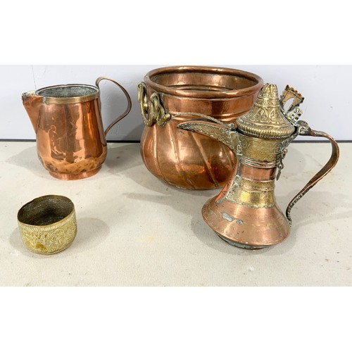 329 - COPPER & BRASS WARE INC EMBOSSED PLATES/ DISHES, JUG , COFFEE POT ETC