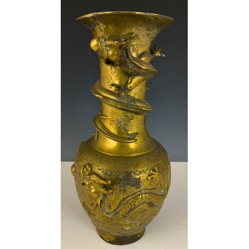 318 - LARGE BRASS ORIENTAL VASE WITH APPLIED DRAGON DECORATION WITH SEAL MARK TO BASE 42cm TALL