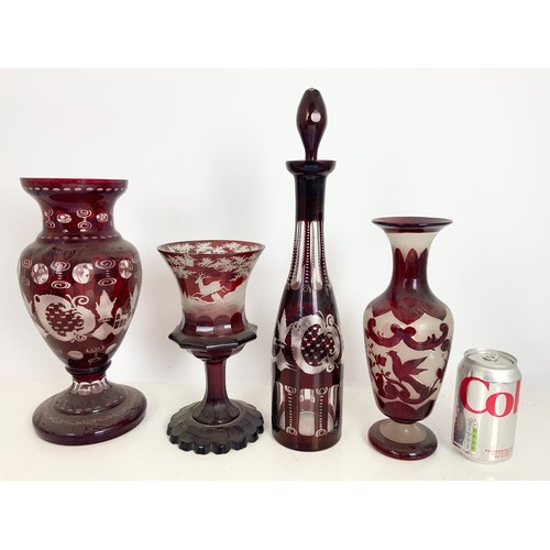 217 - QUANTITY OF BOHEMIAN FLASHED RUBY GLASS INC VASES , DECANTERS TALLEST 41cm