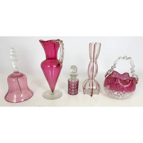 219 - RUBY GLASS EWER, BELL, BASKET A VASE  ETC