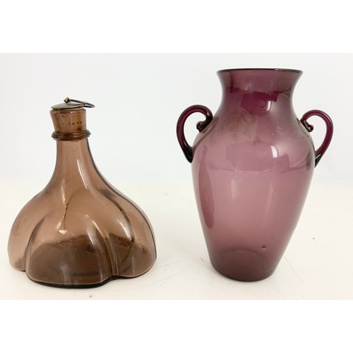 225 - UNUSUAL DECANTER & VASE WITH 2 SCROLL HANDLES AMETHYST GLASS