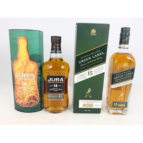 26 - WHISKY, JURA AGED 14 YEARS SINGLE MALT IN PRESENTATION BOX AND JOHNNIE WALKER GREEN LABEL ALSO IN PR... 