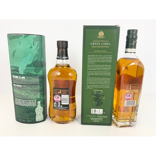 26 - WHISKY, JURA AGED 14 YEARS SINGLE MALT IN PRESENTATION BOX AND JOHNNIE WALKER GREEN LABEL ALSO IN PR... 