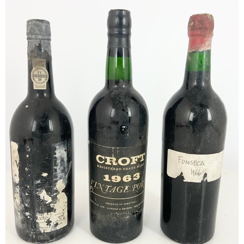 147 - PORT, 3 BOTTLES, CROFT 1963, WARRES 1974 AND ONE OTHER WITH HAND WRITTEN LABEL FONSECA 1966