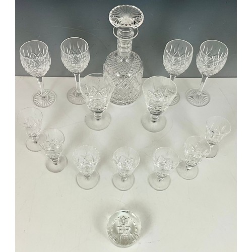 245 - CRYSTAL DECANTER AND WINE GLASSES T/W A COMMEMORATIVE SILVER JUBILEE PAPERWEIGHT