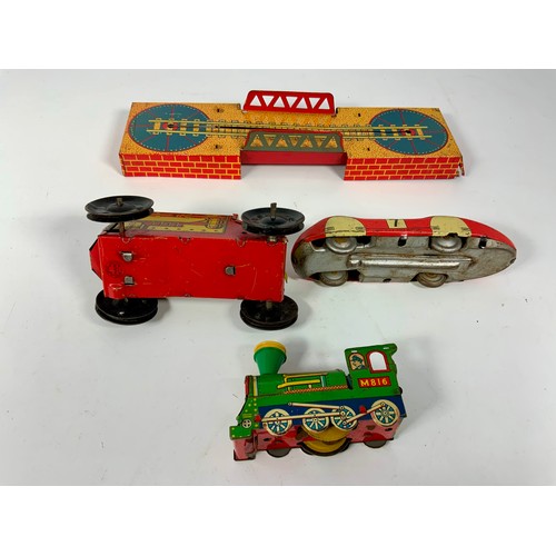 69 - TINPLATE TOYS, MADE IN GREAT BRITAIN BRIDGE WITH 'RUNNING TACK' WITH CIRCULAR TURNING AREA, LOCOMOTI... 