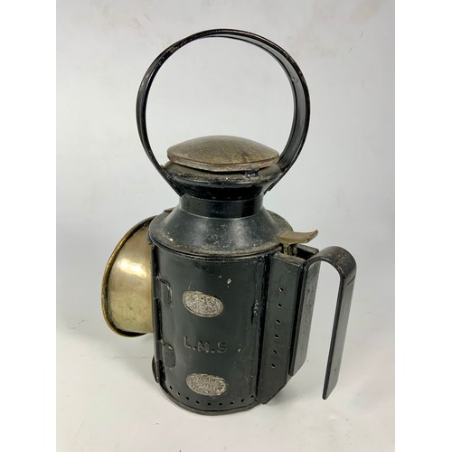 268 - LMS RAILWAY HAND LAMP, STAMPED LMS, WITH PLATE ABOVE MARKED LMS & ANOTHER WITH MAKERS NAME INDISTINC... 