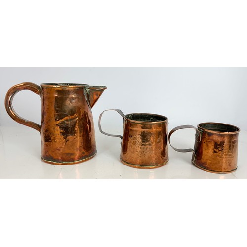 326 - COPPER CIDER JUG & 2 COPPER CIDER MUGS ALL INSCRIBED SRHPPBT WESTWOOD 1784 JUG 19cm TALL