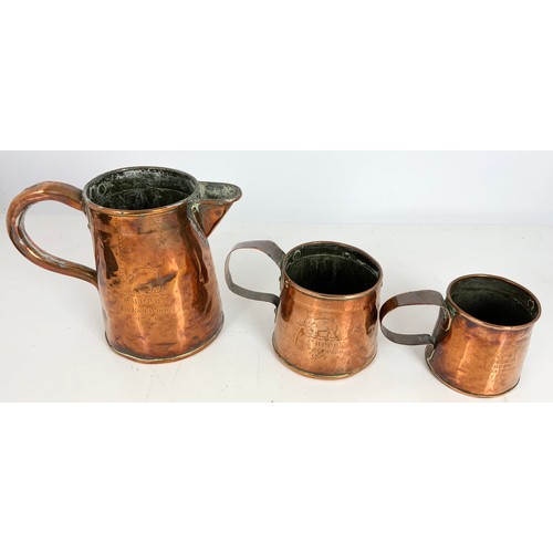 326 - COPPER CIDER JUG & 2 COPPER CIDER MUGS ALL INSCRIBED SRHPPBT WESTWOOD 1784 JUG 19cm TALL