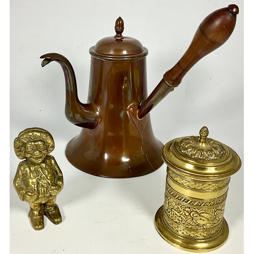 327 - BRASS TOBACCO JAR, MONEY BOX AND CHOCOLATE POT