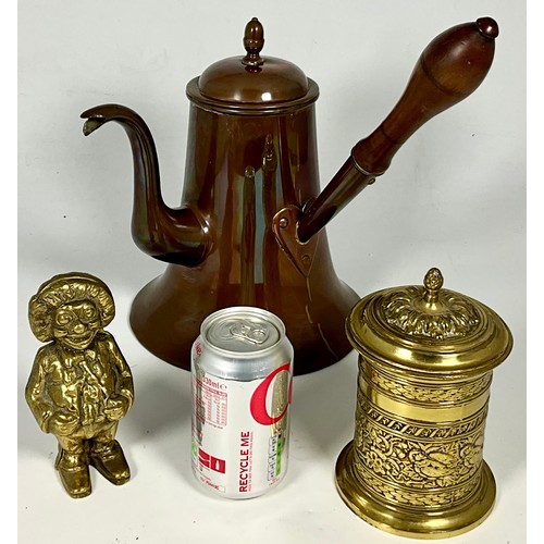 327 - BRASS TOBACCO JAR, MONEY BOX AND CHOCOLATE POT