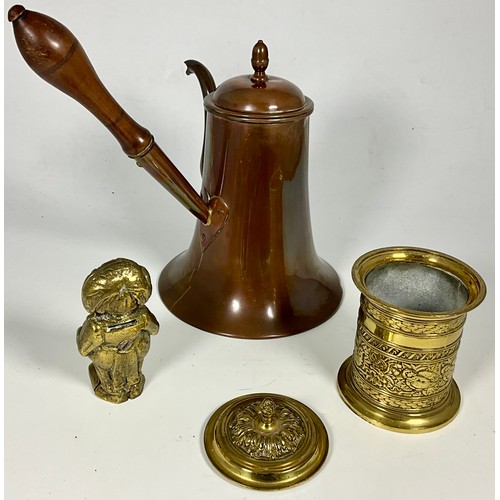 327 - BRASS TOBACCO JAR, MONEY BOX AND CHOCOLATE POT