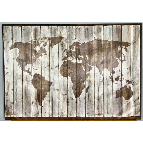 29 - VERY LARGE BACKDROP OR WALL HANGING DEPICTING THE WORLD MAP STAINED ON WOOD PLANKS. Approx. 200cm x ... 