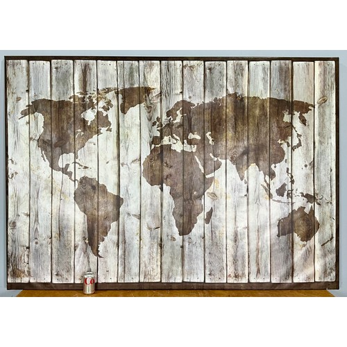 29 - VERY LARGE BACKDROP OR WALL HANGING DEPICTING THE WORLD MAP STAINED ON WOOD PLANKS. Approx. 200cm x ... 