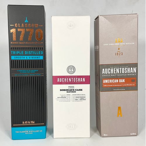 68 - 3 BOTTLES WHISKY INCLUDING GLASGOW TRIPLE DISTILLED 1770 10 YEARS, 2 AUCHENTOSHAN, 1 AMERICAN OAK 10... 