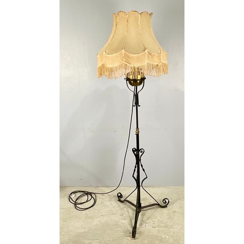 280 - EARLY 20th CENTURY BLACK PAINTED ADJUSTABLE CONVERTED STANDARD LAMP WITH BRASS PARAFFIN CHAMBER AND ... 