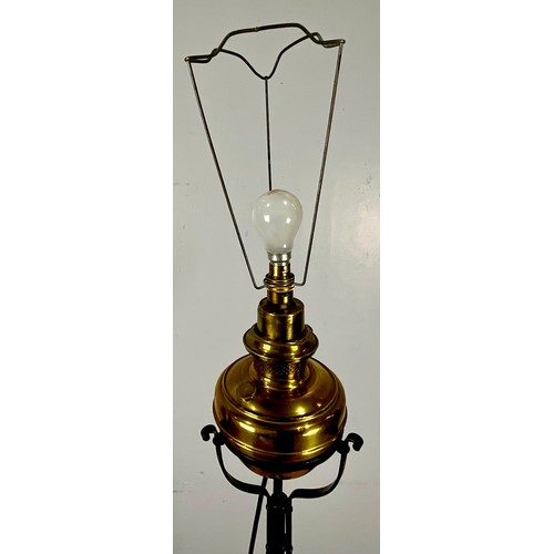 280 - EARLY 20th CENTURY BLACK PAINTED ADJUSTABLE CONVERTED STANDARD LAMP WITH BRASS PARAFFIN CHAMBER AND ... 