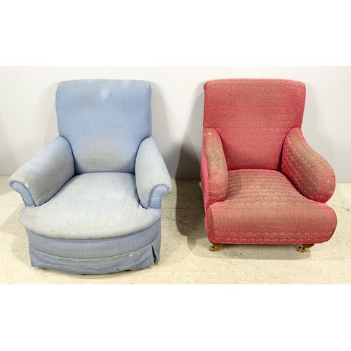 738 - HOWARD STYLE ARMCHAIR UPHOLSTERED IN PINK AND GREY FABRIC AND ONE OTHER SIMILAR ARMCHAIR