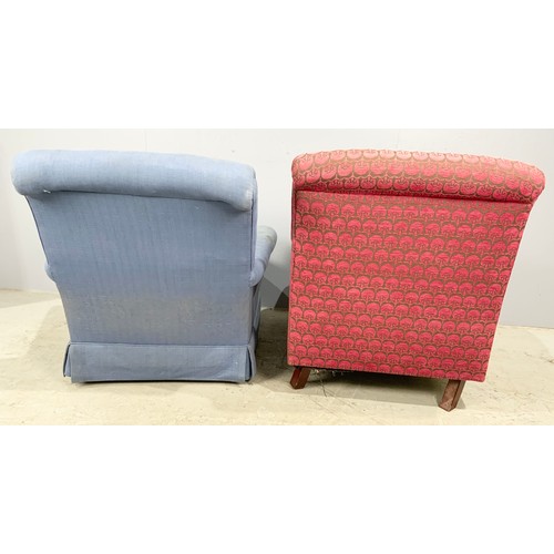 738 - HOWARD STYLE ARMCHAIR UPHOLSTERED IN PINK AND GREY FABRIC AND ONE OTHER SIMILAR ARMCHAIR