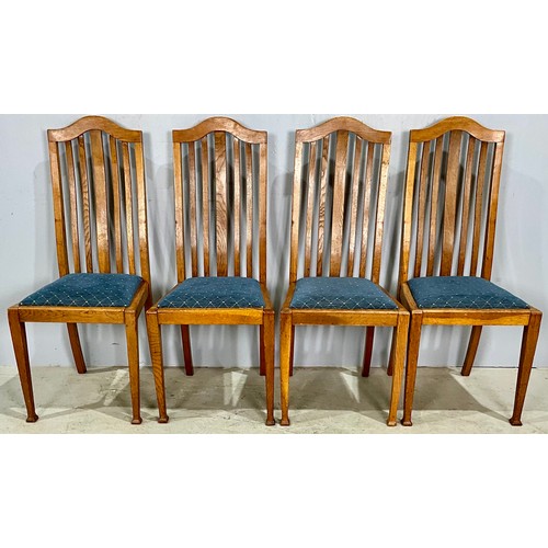 734 - SET OF FOUR MATCHING UPHOLSTERED LIGHT OAK SLAT BACK CHAIRS