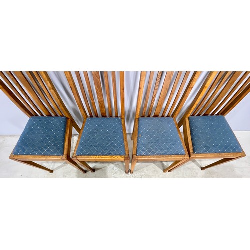 734 - SET OF FOUR MATCHING UPHOLSTERED LIGHT OAK SLAT BACK CHAIRS