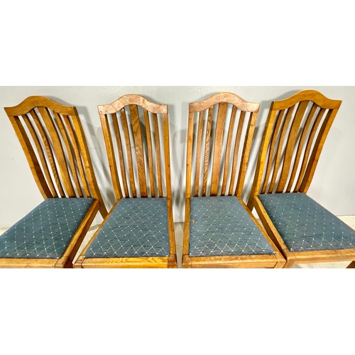 734 - SET OF FOUR MATCHING UPHOLSTERED LIGHT OAK SLAT BACK CHAIRS